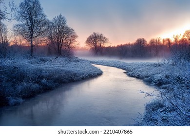Snowy winter landscape at sunset. 3d rendering