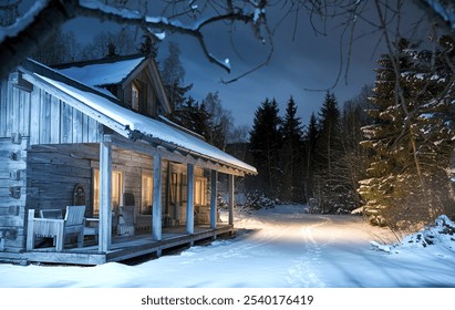 A snowy winter night scene of a rustic wooden cabin or lodge with a covered porch - Powered by Shutterstock