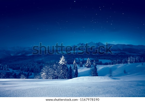 雪の多い冬の夜 魅力的な夜景 雪の多い山と谷に星の空 の写真素材 今すぐ編集