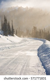 Snowy Winter Road During Blizzard In Russia. Heavy Snow Storm.