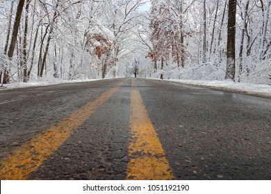 Snowy Winter Road At Kensington Metropark In Michigan USA