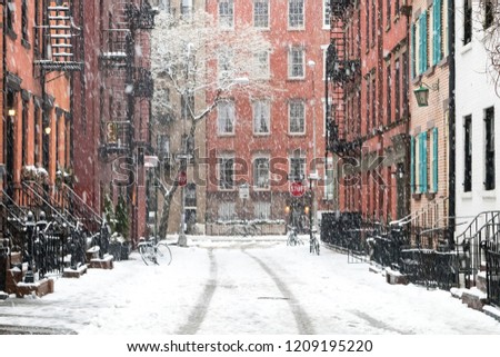 Snowy winter scene on Gay Street in the Greenwich Village neighborhood of Manhattan in New York City