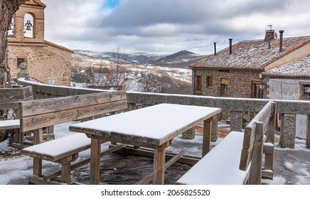 Snowy Winter Urban Outdoor Furniture, Wooden Table And Benches