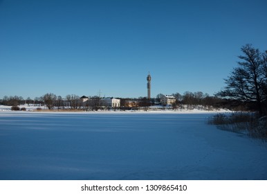 Snowy Winter View In Stockholm, Teletower, The Meadow Gärdet And The Park Djurgården