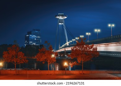 SNP Bridge and UFO Tower at night - Bratislava, Slovakia
