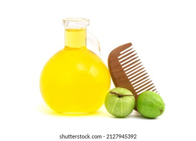 Soak Hair With Indian Gooseberry And Terminalia Chebula Fruits And Oil Isolated On White Background.