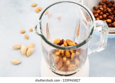 Soaked Almonds In Blender. Making Vegan Nut Milk. Lactose Free. Step By Step Recipe.