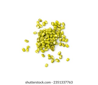 Soaked Mung Beans Isolated, Wet Vigna Radiata Seeds Pile, Macro Photo of Green Gram in Water, Scattered Raw Mung Beans, Maash or Moong Top View, White Background