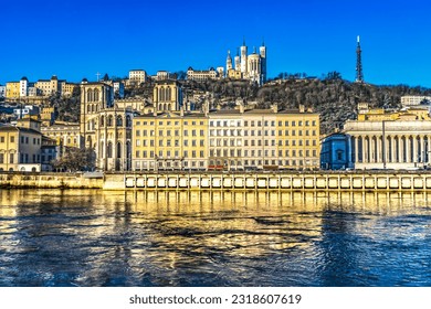Soane River Reflection St John Baptist Cathedral Notre Dame Basilica Outside From City Center Lyon France.