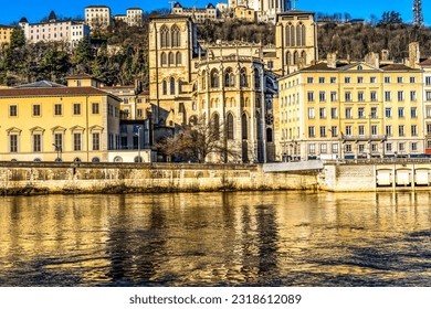 Soane River Reflection St John Baptist Cathedral Notre Dame Basilica Outside City Center Lyon France.