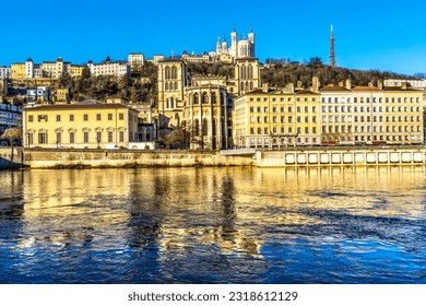Soane River Reflection St John Baptist Cathedral Notre Dame Basilica Outside City Center Lyon France.