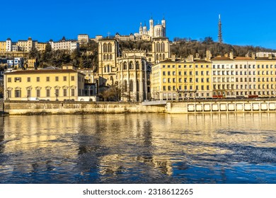 Soane River Reflection St John Baptist Cathedral Notre Dame Basilica Outside City Center Lyon France.
