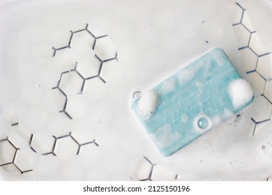 Soap Bar And Foam On White Background, Top View. Mockup For Design