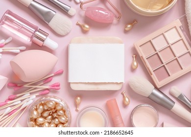 Soap Bar, Skin Care And Makeup Products On Light Pink, Top View, Copy Space. Flat Lay With Natural Beauty Products And Decorative Cosmetics. Everyday Woman Face Care Routine 