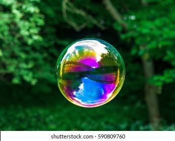 Soap bubble with the reflection of buildings inside.