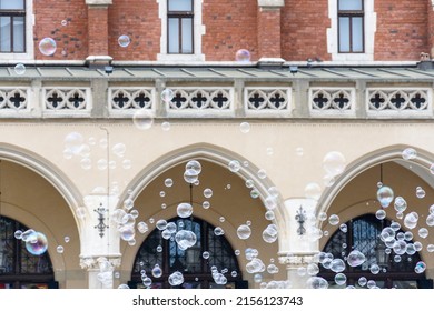 Soap Bubbles Against The Backdrop Of The Krakow Cloth Hall