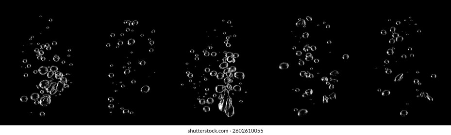 Soap bubbles, liquid bubbles, black background, abstract isolated, oxygen design concept, underwater, water drops, small underwater, soda effect, transparent
