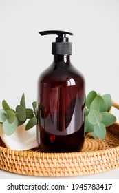 Soap Liquid Bottle With Pump And Eucalyptus. Natural Organic Beauty Products For Personal Hygiene