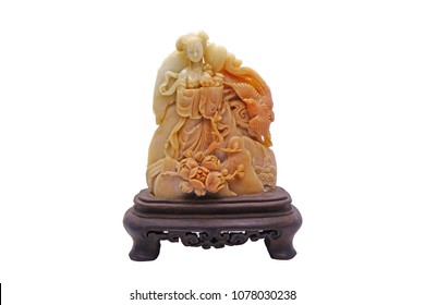 Soap Stone Carving : Chinese Fairy With Flower And Phoenix , Isolated On White Background