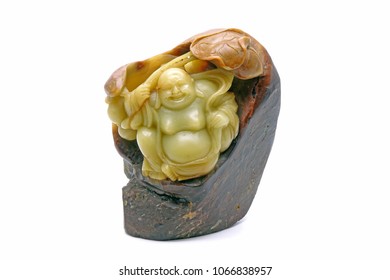 Soap Stone Carving : Happiness Smiling Buddha , Isolated On White Background