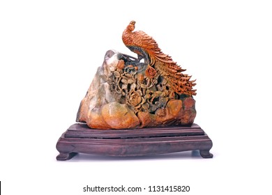 Soap Stone Carving : Peafowl With Peonies Flowers, Isolated On White Background.