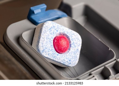 Soap Tablet Of A Detergent For Washing Dishes In Dishwashing Machine.