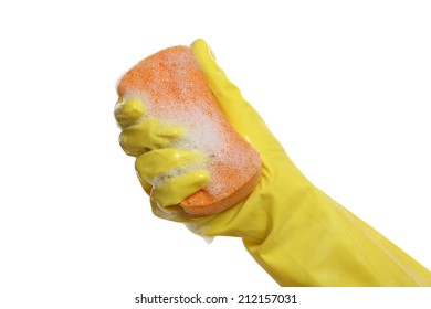 Soapy Sponge And Glove On White