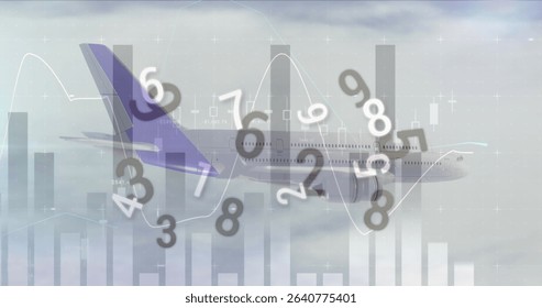 Soaring commercial jet airplane in cloudy sky, showing digits and bar, line and candlestick charts. Aerospace, data visualization, analytics, cloudscape, innovation, corporate, futuristic
