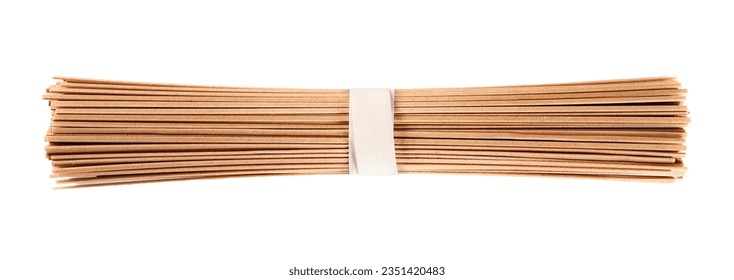 Soba noodles packing, buckwheat and wheat flour pasta isolated on white, top view - Powered by Shutterstock