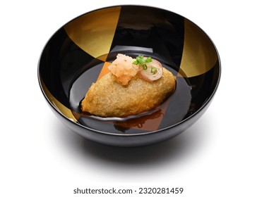 soba-gaki no agedashi, crispy fried buckwheat dumpling with dashi-based sauce. Japanese soba cuisine