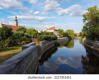 Sobeslav, Czech Republic: River Embankment With Old Colorful Houses.