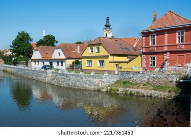 Sobeslav, Czech Republic: River Embankment With Old Colorful Houses.