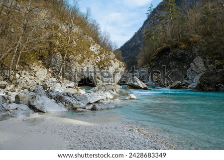 Soca River near Kal-Koritnica,Bovec municipality, Primorska or Littoral region, Slovenia. This Alpine river flows from Trenta Valley in Julian Alps, entering Italy as the Isonzo. Triglav National Park