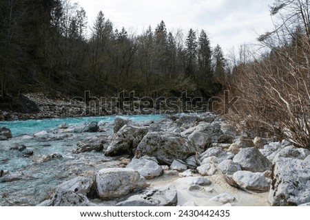 Soca River near Kal-Koritnica,Bovec municipality, Primorska or Littoral region, Slovenia. This Alpine river flows from Trenta Valley in Julian Alps, entering Italy as the Isonzo. Triglav National Park
