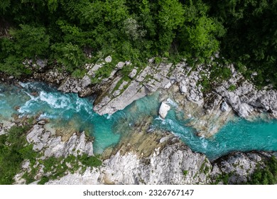 Soca river in Soca valley, Slovenia. Aerial drone view - Powered by Shutterstock