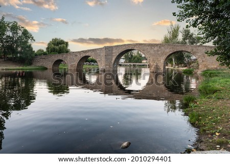 The so-called Old Bridge or Romanesque Bridge crosses the Alberche River as it passes through the Spanish municipality of Navaluenga, in the province of Ávila (Spain)