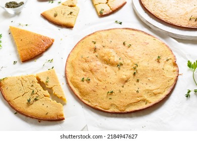 Socca Gluten-free Chickpea Flatbread. Close Up View