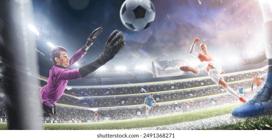 Soccer action game. Championship. Soccer players playing with ball at stadium. Soccer players in action. Goalkeeper in action. Goal. Big night stadium - Powered by Shutterstock