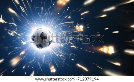 Soccer. Soccer ball. Soccer background with fire sparks in action on the black