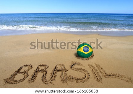 Soccer ball with Brazilian flag and word 