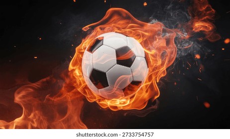 A soccer ball is dramatically engulfed in vibrant orange and red flames, creating a powerful and intense visual effect against a dark, smoky background with glowing embers.