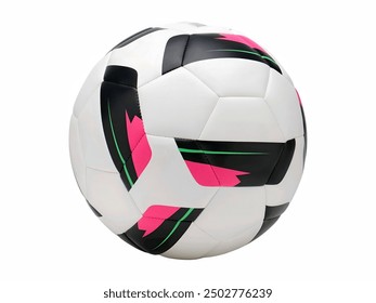 A soccer ball featuring a distinctive pattern of black, green, and pink panels on a white background, highlighting its modern and stylish design. - Powered by Shutterstock