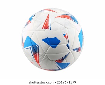 Soccer ball featuring a modern design with a combination of blue and red accents on a white surface, showcasing its vibrant graphics and structured panels for optimal play. - Powered by Shutterstock