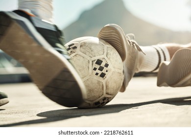 Soccer Ball, Feet Or Tackle Motion In Fitness Game, Workout Match Or Exercise Competition Challenge On Portugal City Building Rooftop. Zoom, Sports Men Or Football Player Shoes Fighting To Score Goal