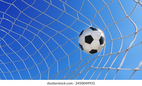  Soccer ball in soccer goal net in a big stadium isolated on blue sky. soccer net. - Powered by Shutterstock