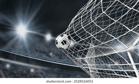  Soccer ball in soccer goal net . Close-up textured soccer net on soccer goal in big stadium. - Powered by Shutterstock