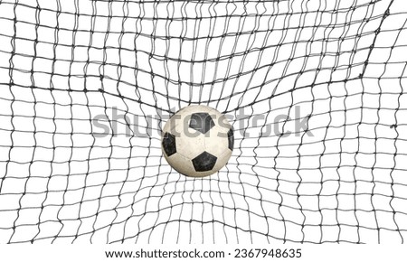 Soccer or soccer ball in goal net isolated on white background. front view