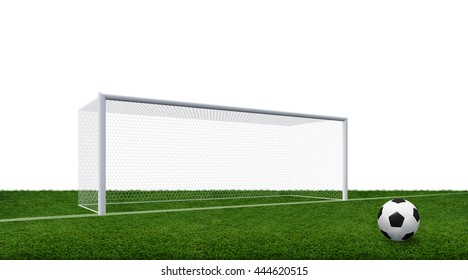 Soccer Ball And Soccer Goal Post With Net Isolated On White Background With Clipping Path.