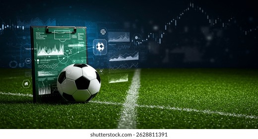 A soccer ball lies on the field next to a clipboard with plays, amidst digital analytics displays, blending sports strategy with tech insights. - Powered by Shutterstock - Get 15% off with code: PIKWIZARD15