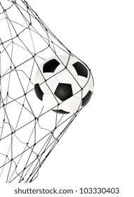 Soccer Ball In The Net Gate On A White Background